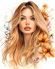 A woman with long blonde hair and a flowery background
