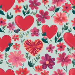 Wallpaper with hearts and flowers, intended for cards, love holidays, Valentine's day, cloth printing, March 8 and can be used in different cases - obrazy, fototapety, plakaty