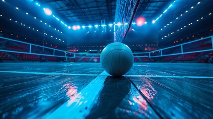 Volleyball ball and net in an arena during a match.