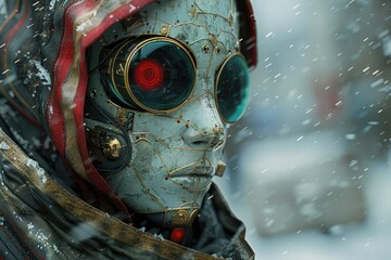 A highly detailed cyberpunk character in wintry weather, showing futuristic technology elements