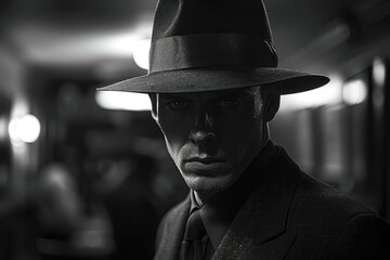 A black and white image exuding mystery and nostalgia, featuring a man dressed in vintage fashion with a fedora hat
