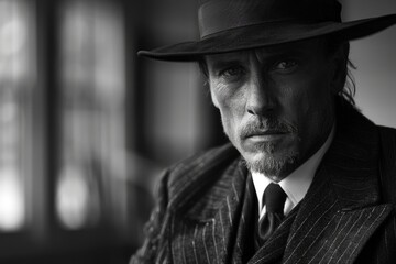Monochrome photo showcasing a man in vintage attire with a fedora, giving a serious and intense gaze