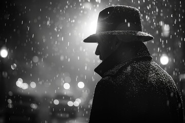 A shadowy figure adorned with a hat is captured standing in a wet urban environment, gleaming under streetlights as rain pours down