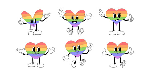 Set with groovy lgbt heart characters isolated on white background.  LGBT pride month