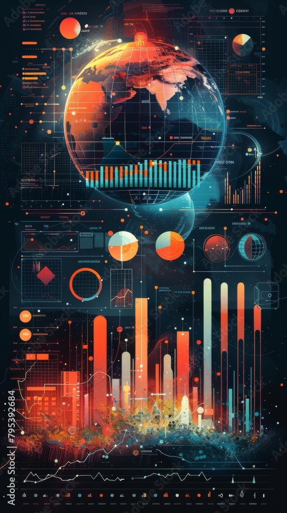 Poster a digital composite of a globe surrounded by graphs, charts, and other data visualizations.