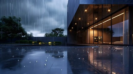 Fototapeta na wymiar Sleek Modern Home Endures Dramatic Torrential Downpour, Showcasing Urban Resilience