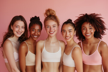 Fototapeta premium Group of beautiful diverse women in the studio. Portrait of smiling young mixed race women. Fashion and style concept.