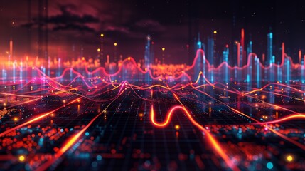 Fototapeta premium A digital landscape with a glowing red wave flowing through it.