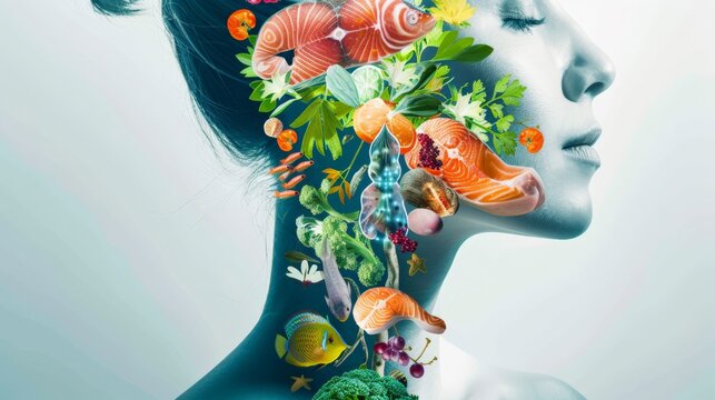 Illustration of a human thyroid outlined with foods beneficial for thyroid health, including seaweed and fish