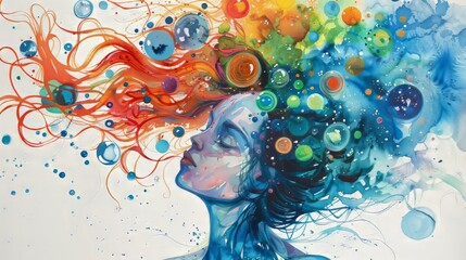 Watercolor painting of a woman with colorful hair. Abstract illustration of a girl with blue and green bubbles above her head.