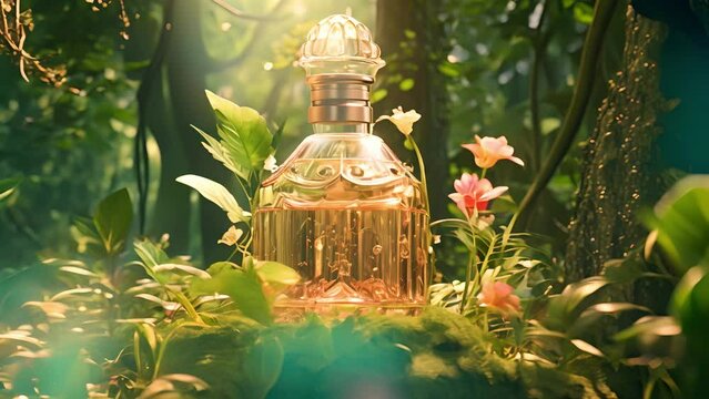 A bottle of perfume with flowers inside. Volumetric lighting, Flowers, Petals, Grass, Plants, Leaves. Perfume inside different flowers wreath. Aromatherapy elegance luxury perfume	
