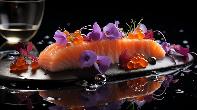 A culinary creation that merges traditional sushi with modern molecular gastronomy techniques, presented in an artistic, avantgarde style