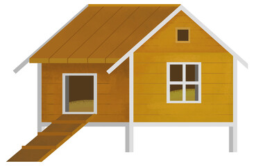cartoon scene with farm element farm wooden house home chicken coop with birds rooster hens isolated background illustration for children © honeyflavour