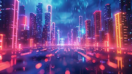 A digital painting of a cyberpunk city at night. The city is full of tall buildings, neon lights, and flying cars. The image is dark and moody, with a hint of mystery.