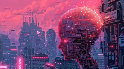 A digital painting of a cyberpunk city with a giant robot head in the foreground. The sky is pink and the city is lit up by neon lights.