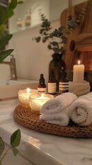 Fototapeta na wymiar Serene spa ambiance: candles, essential oils, fluffy towels, promoting relaxation and self-care.