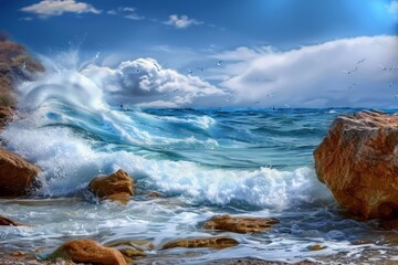 Smooth water and breaking ways of a bay with snow-covered mountains in the background. Beautiful simple AI generated image in 4K, unique.