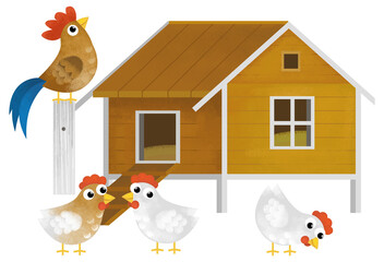 cartoon scene with farm element farm wooden house home chicken coop with birds rooster hens isolated background illustration for children © honeyflavour