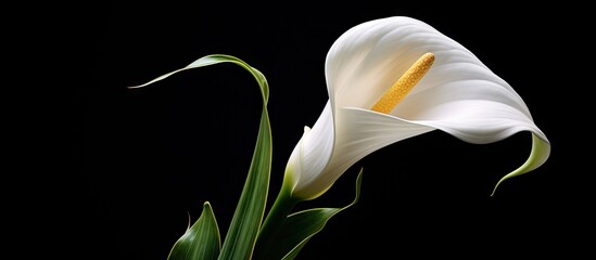 Black background showcases white flower with yellow center - Powered by Adobe