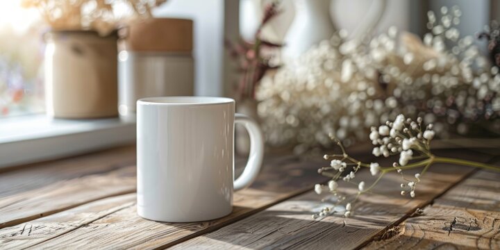 White coffee cup on wood table.
