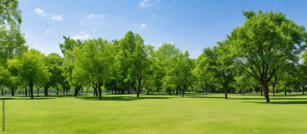 Sticker A serene park scene with lush trees and green grass