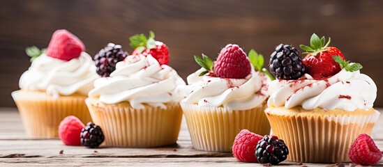 Three cupcakes with white icing and berries