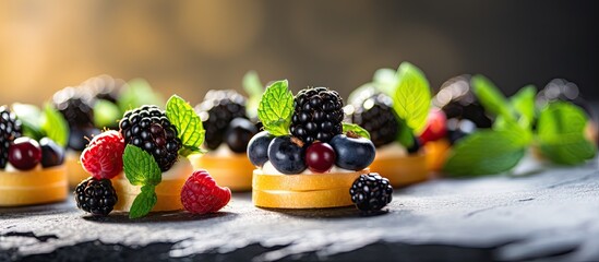 Assorted mini fruit tarts with fresh berries on top - obrazy, fototapety, plakaty