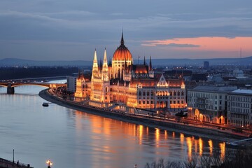 Fototapeta na wymiar Budapest skyline with the strikingly beautiful Parliament building at Hungalian Parliament and Danube River, Budapest,, Ai generated