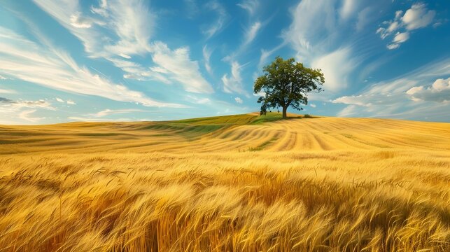 Golden Wheat Field Swept by Winds, Graceful Tree in the Vast Sky