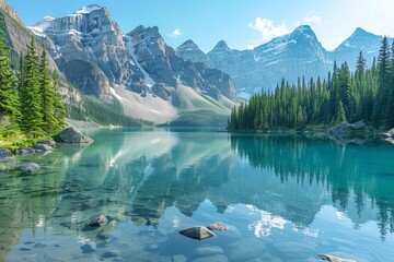 Crystal-clear mountain lake surrounded by towering peaks and pine trees - obrazy, fototapety, plakaty