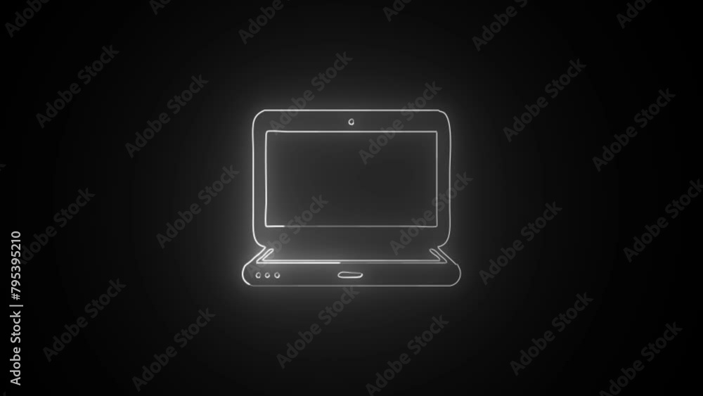 Poster white line laptop icon isolated on black background. computer notebook with empty screen sign. 4k vi