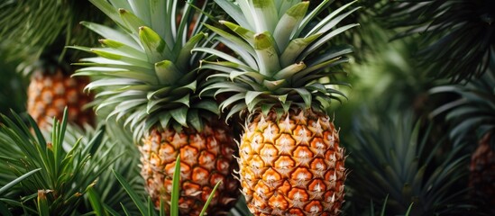 Two pineapples growing on tree