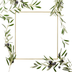A photo of a frame of olive tree branches and leaves with copy space on a white background