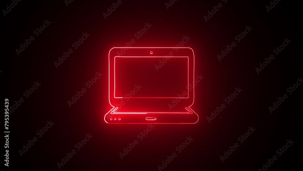 Poster red line laptop icon isolated on black background. computer notebook with empty screen sign. 4k vide