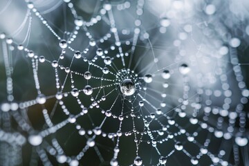 Crystal-clear water droplets caught in the delicate strands of a spider's web