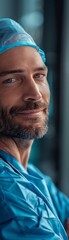 Obraz premium A man in a blue surgical cap and gown is smiling