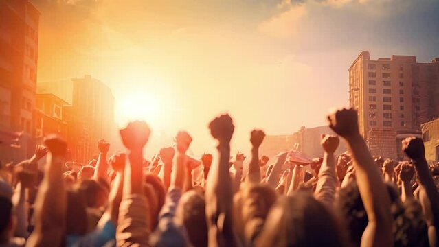 People raised fist up against, protest, war, struggle for democracy freedom. Group of protestors fists raised up in the air. Power of teamwork and Competition concept	
