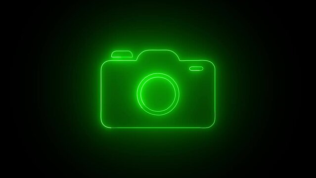 neon line Photo camera icon isolated on black background. Photo camera. Digital photography.