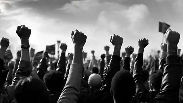 People raised fist up against, protest, war, struggle for democracy freedom. Group of protestors fists raised up in the air. Power of teamwork and Competition concept	
