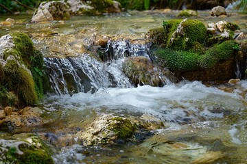 Crystal-clear water of a mountain stream flowing over mossy rocks