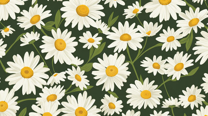 A sunlit meadow showcasing daisies arranged in a seamless 70s-inspired pattern, with each petal capturing the essence of the era.