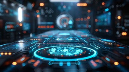 Obraz premium A futuristic control panel with a blue glowing circle in the center and orange lights in the background