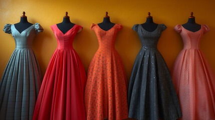 An array of vintage-style dresses on display, with each mannequin adorned in a different vibrant color and pattern, set against a mustard yellow background for a retro vibe.