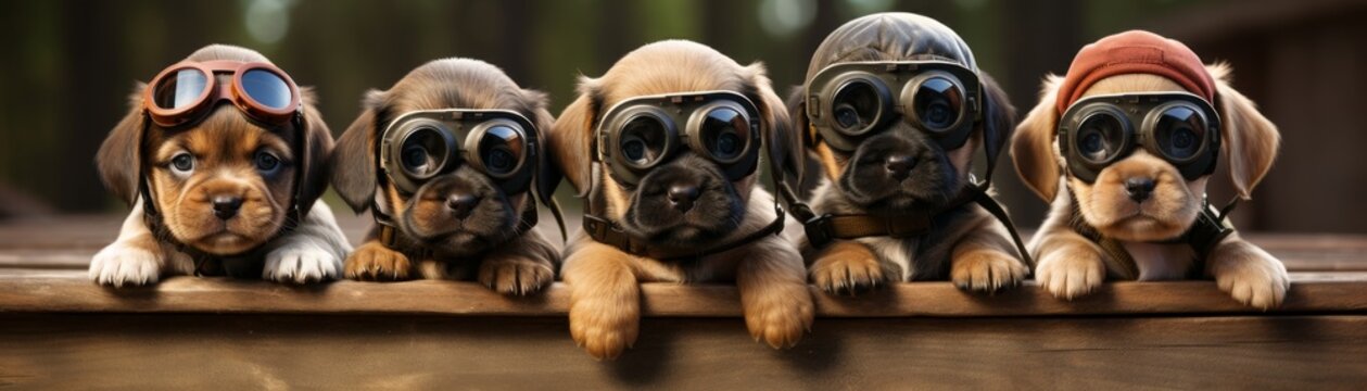 Charming scene of small puppies wearing vintage pilot helmets and goggles, sitting in a row on an old wooden bench, ready for adventure
