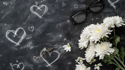 Bouquet of white chrysanthemums, glasses and notebook with chalk drawing hearts pattern on black background. Teachers day. Back to school. Student day
