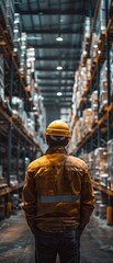 Fototapeta premium A man in a yellow jacket stands in a warehouse