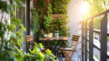 Cozy Scandinavian apartment balcony decorated with lush green plants and modern furniture