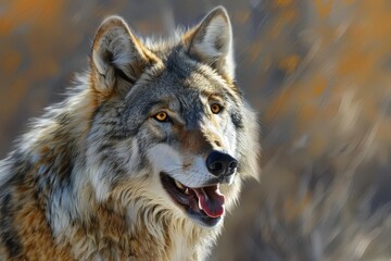 majestic gray wolf panting with tongue out realistic animal portrait