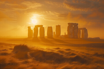 Sunrise illuminates Stonehenge during the Summer Solstice celebration casting long shadows and highlighting the ancient monolithic structures