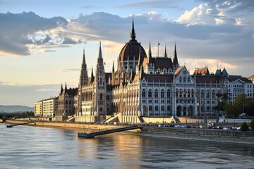 Fototapeta premium Budapest skyline with the strikingly beautiful Parliament building at Hungalian Parliament and Danube River, Budapest,, Ai generated